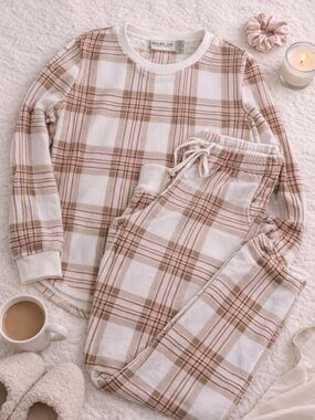 Rachel Zoe Plaid Lounge Set Pink Tan Cozy Pajama Set Size M